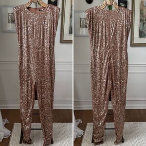 Fashion Nova Sparkle And Snatched Shoulder Pad Jumpsuit Copper Chocolate $50 2X